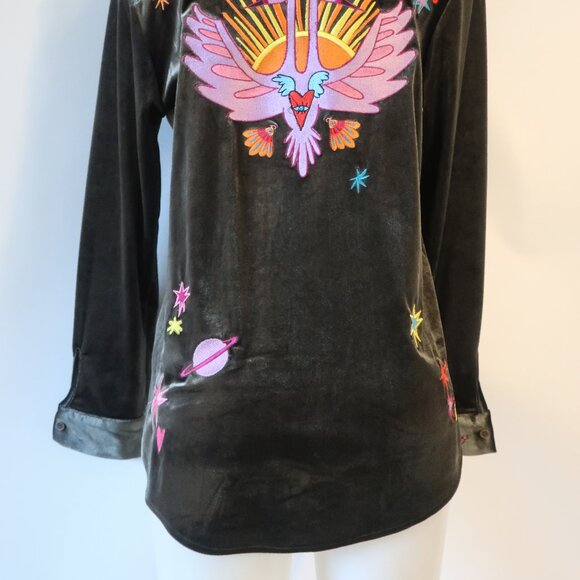 NWT Womens Romi Basha Cosmic Green Multicolor Boho Chic Velvet Shirt Top M - Picture 9 of 11